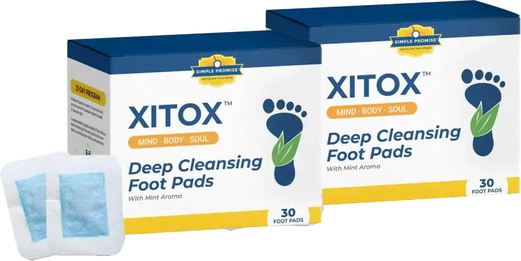 Stacked boxes of Xitox™ Foot Pads detox patches for feet