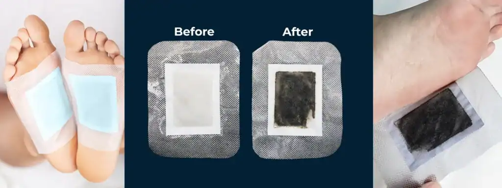Feet with Xitox™ detox pads applied, and a before-and-after comparison showing pads turning dark after use